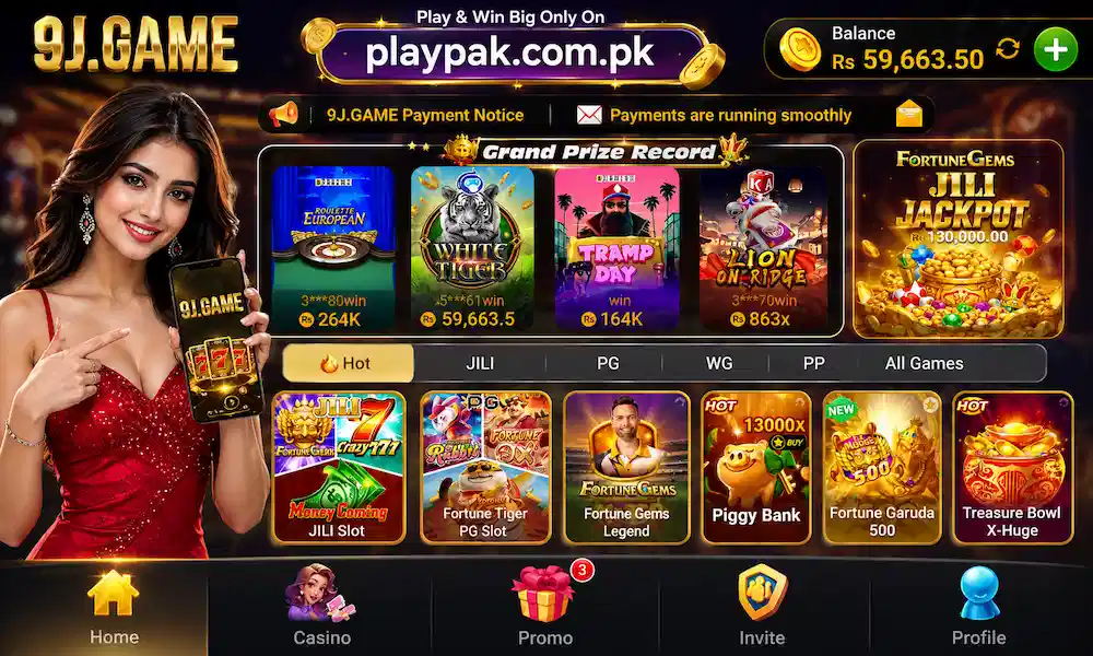 9J Game casino app with female model