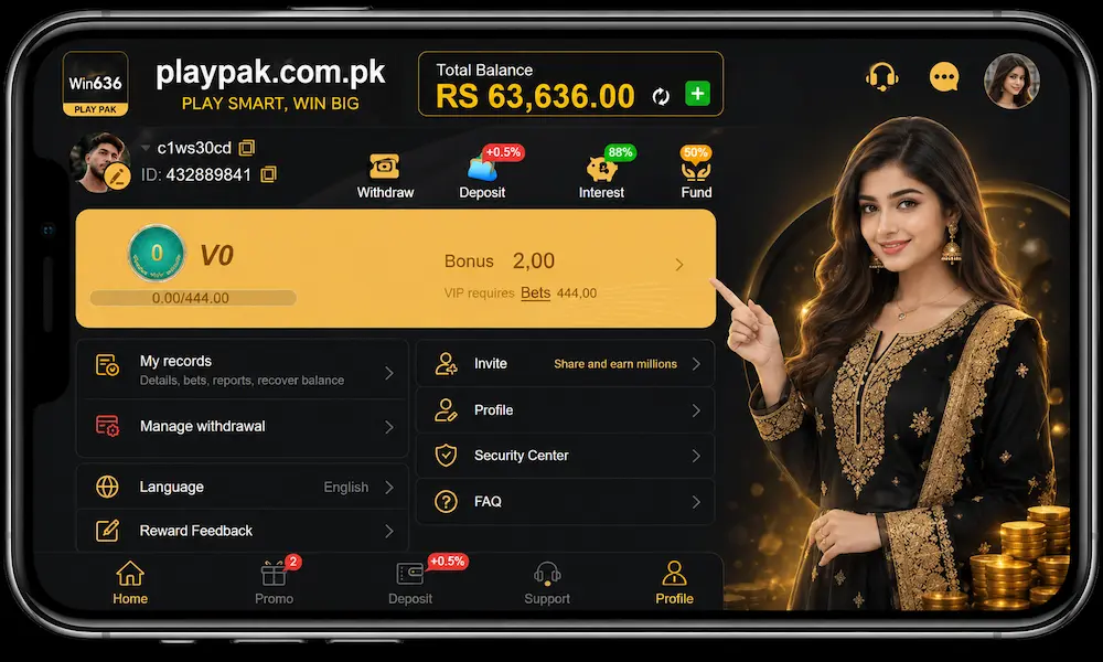 Win636 profile dashboard with PlayPak branding
