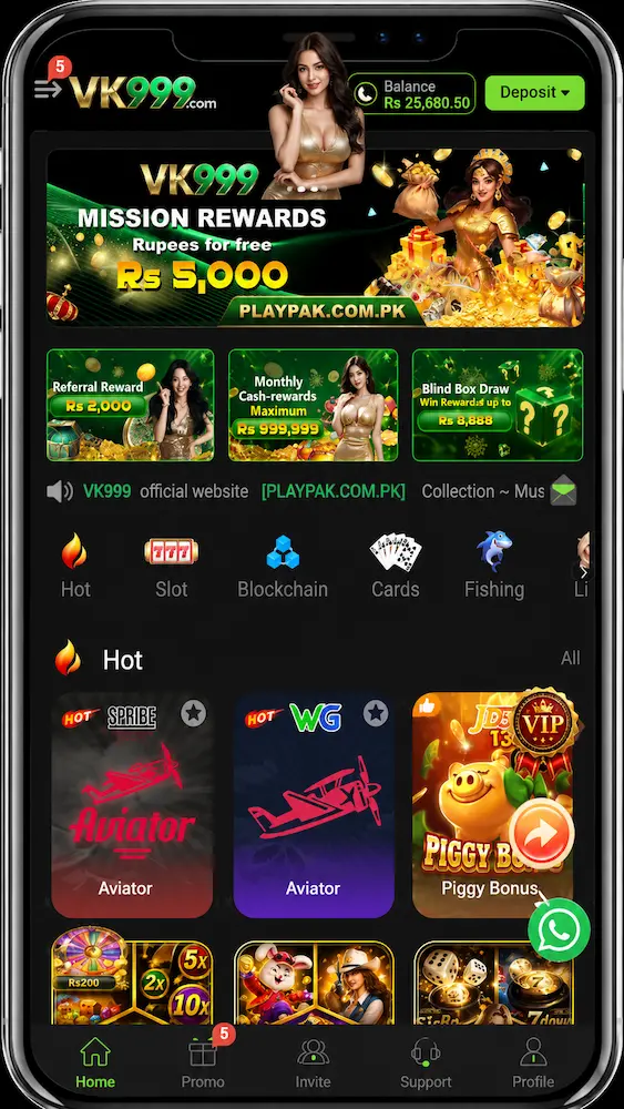 VK999 mobile gaming app interface