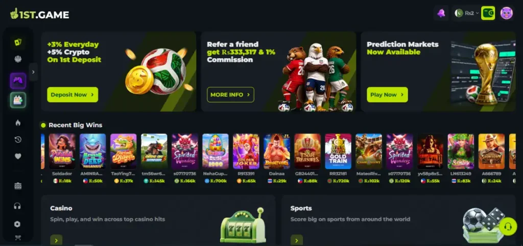 1st Game homepage casino dashboard